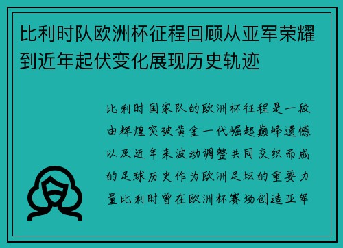 比利时队欧洲杯征程回顾从亚军荣耀到近年起伏变化展现历史轨迹